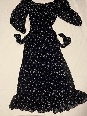 Moda International Black Floral Off-Shoulder Midi Dress with Ruffle Hem